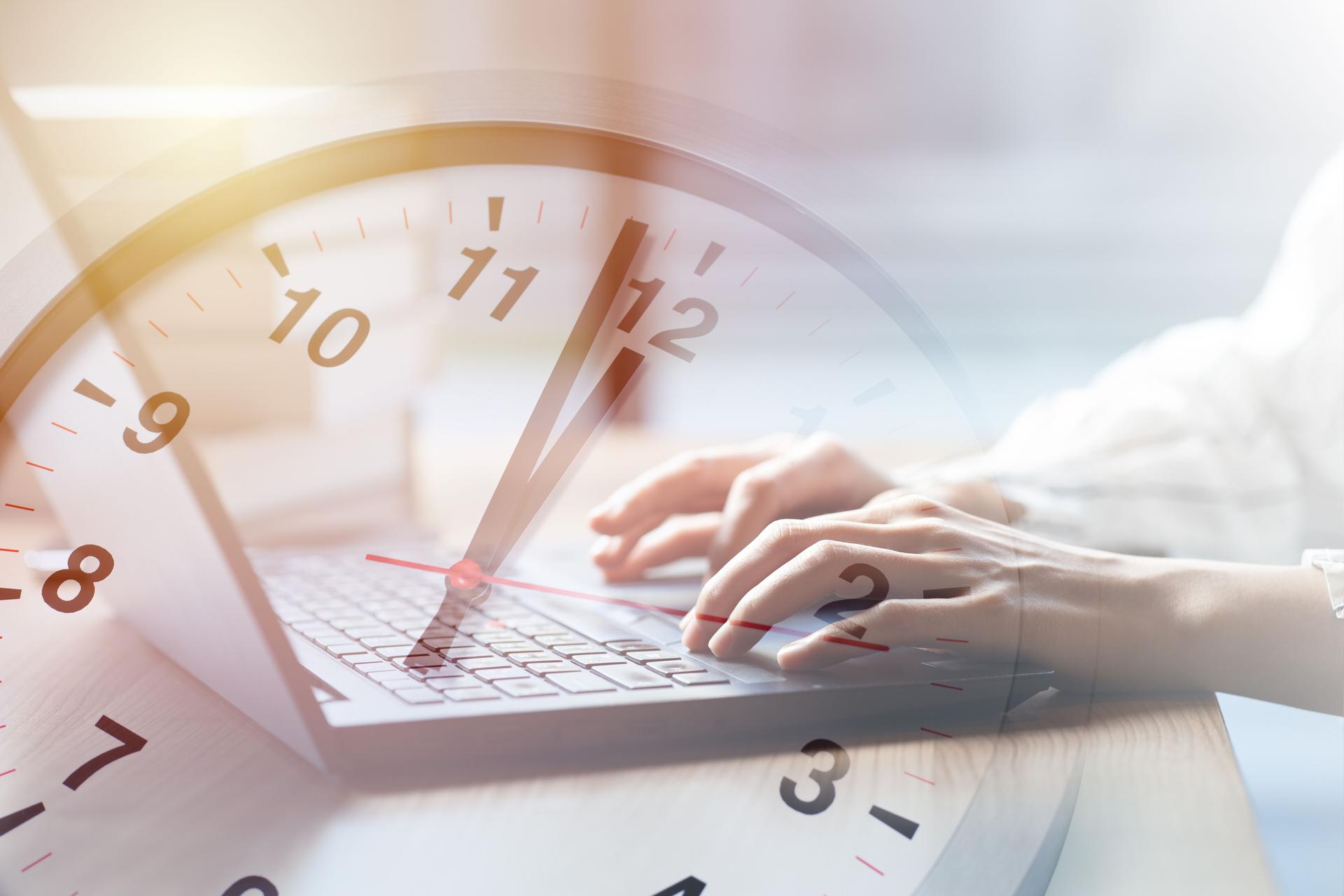 Business working times concept people work typing on laptop computer overlay with in time clock to lunch break